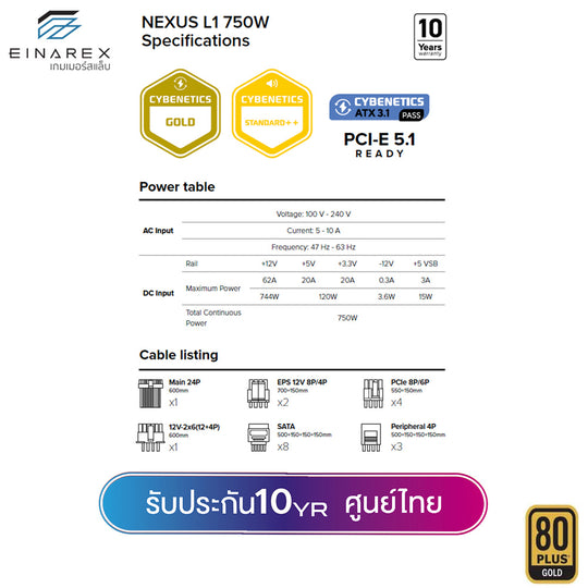 อุปกรณ์จ่ายไฟ Einarex Nexus MASTER L1 Full Modular Cybernectics Gold PCIE 5.1Redy Power Supply รับประกัน 10 ปี