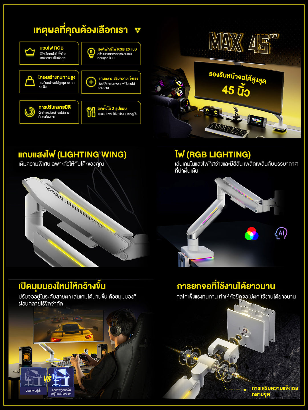 ขาตั้งจอมอนิเตอร์ Humanex T18-1W Brilliance Angel RGB Gaming Monitor Arm | สำหรับจอ 17-45 นิ้ว รับประกัน 3 ปี