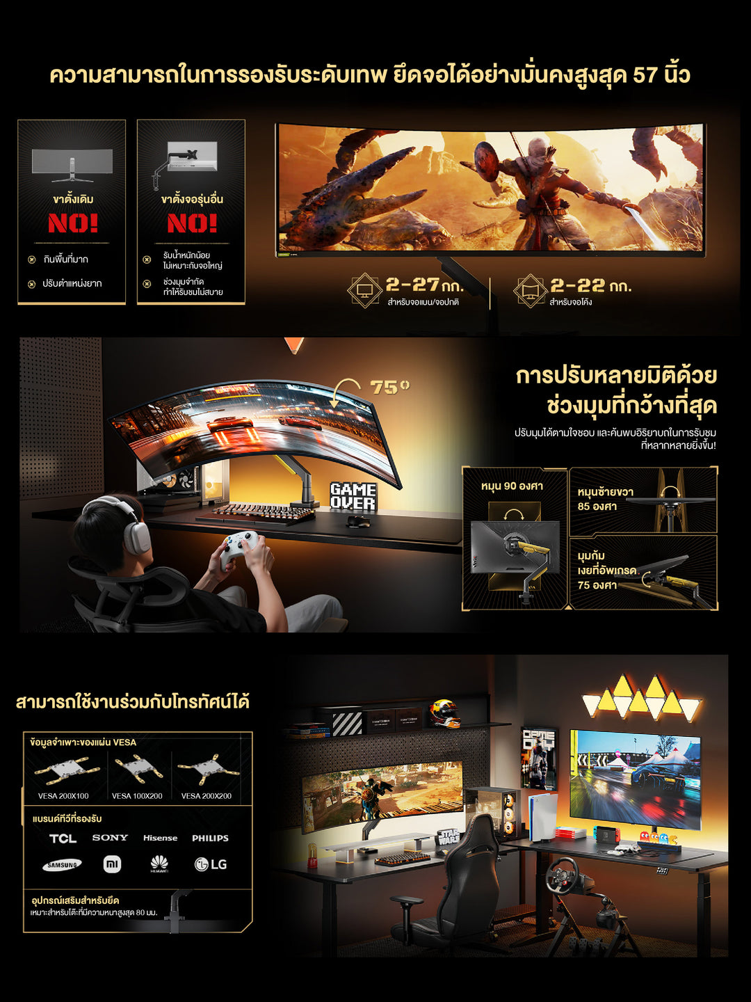 ขาตั้งจอมอนิเตอร์ Humanex TX05-1YE / TX05-1B Divine-Power Premium Gaming Monitor Arm | สำหรับจอ 24-57 นิ้ว ประกัน 3 ปี